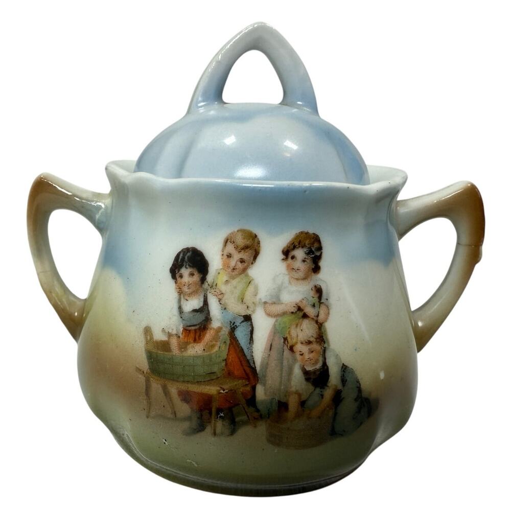 Antique Germany 214 Porcelain Sugar Bowl w/ Lid Children Scene Double Handle